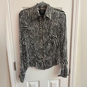 CARMEN MARC VALVO Vintage 90s 100% Silk Sheer Zebra Print Beaded Blouse Size 10